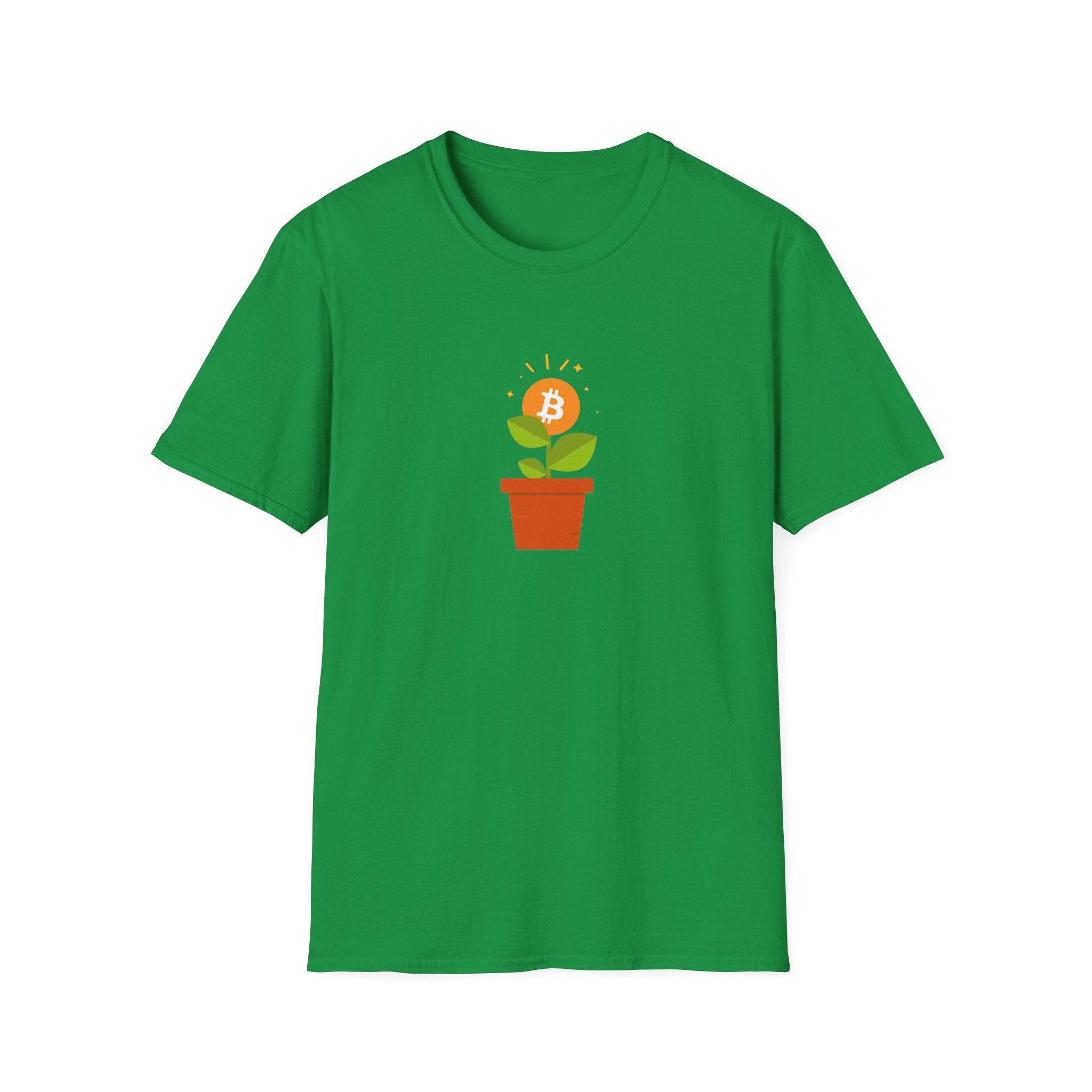 Irish green tshirt with flower pot growing orange bitcoin logo, with green leaves