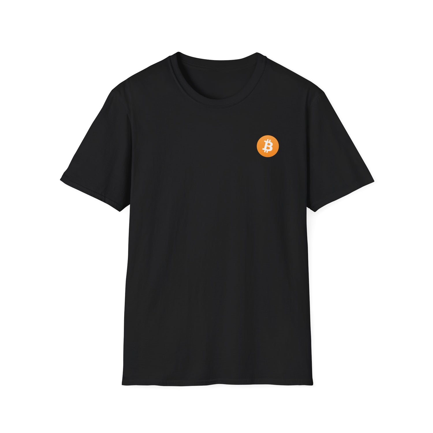 A black round neck t-shirt with a small orange bitcoin logo on the left chest