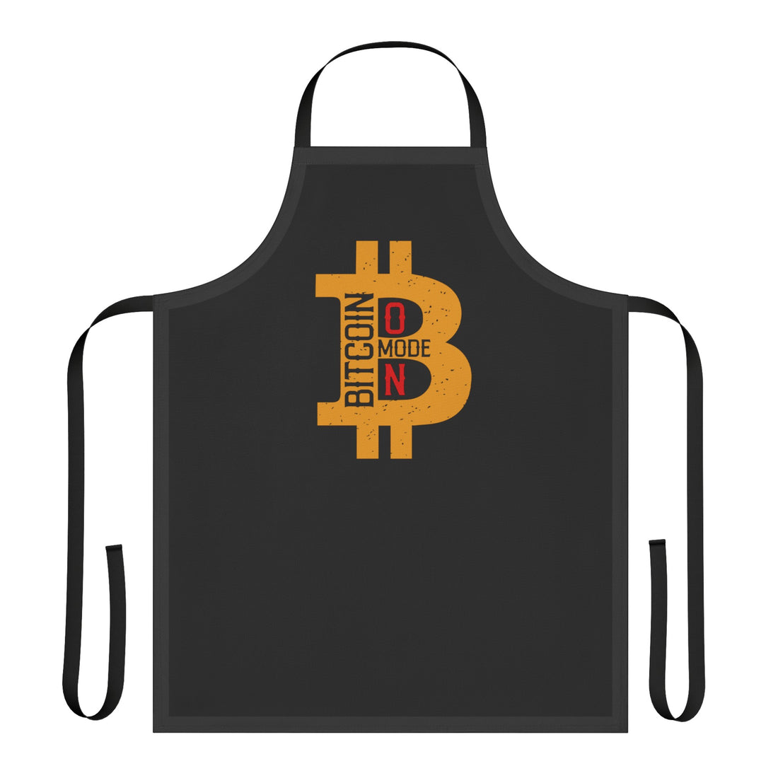 Black apron with Bitcoin Mode On logo: A bold, eye-catching image representing the concept of Bitcoin Mode being activated.