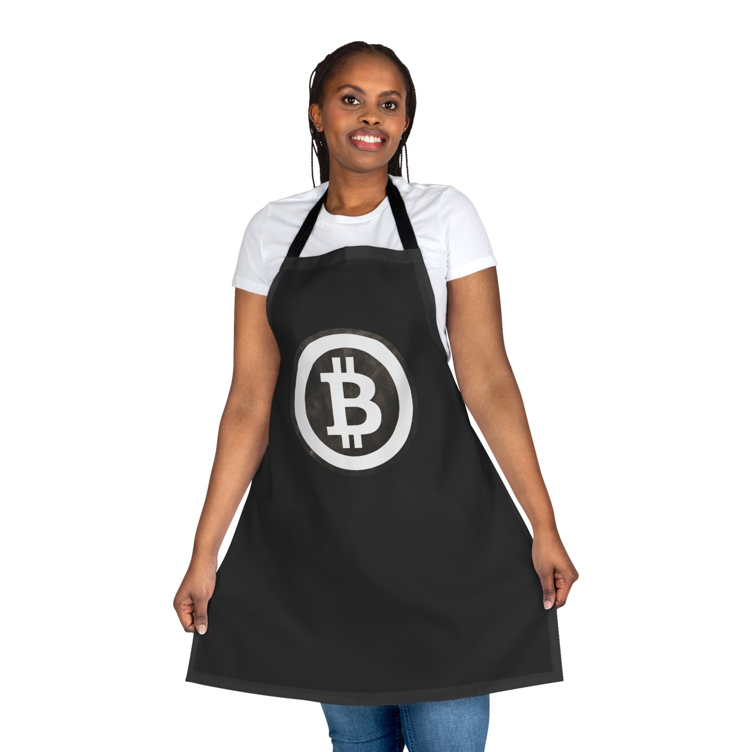 Bitcoin-themed black apron, great for cooking enthusiasts