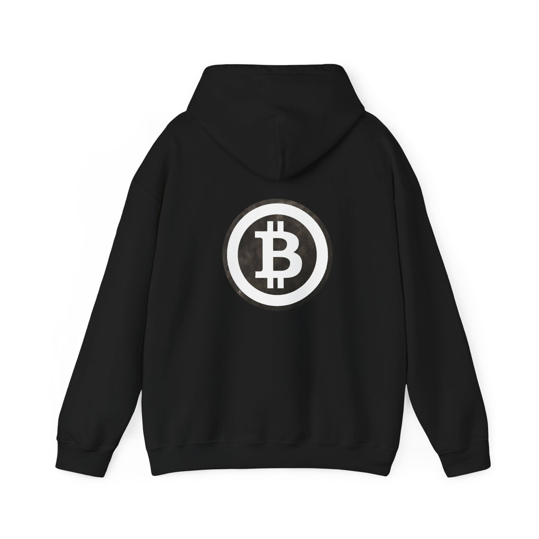 Black hoodie with kangaroo puch with with large white bitcoin logo in white on back and small on front left