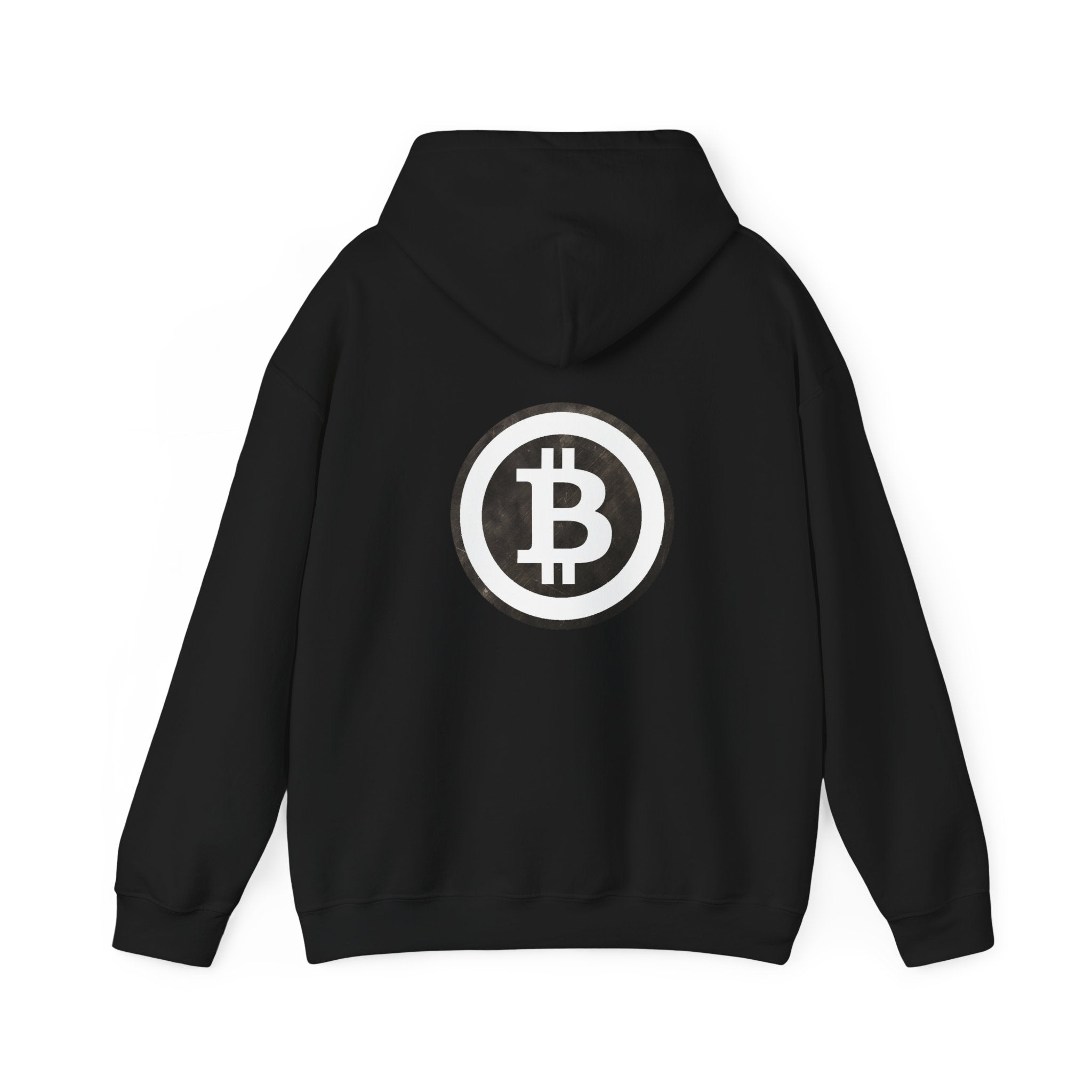 Black hoodie with kangaroo puch with with large white bitcoin logo in white on back and small on front left