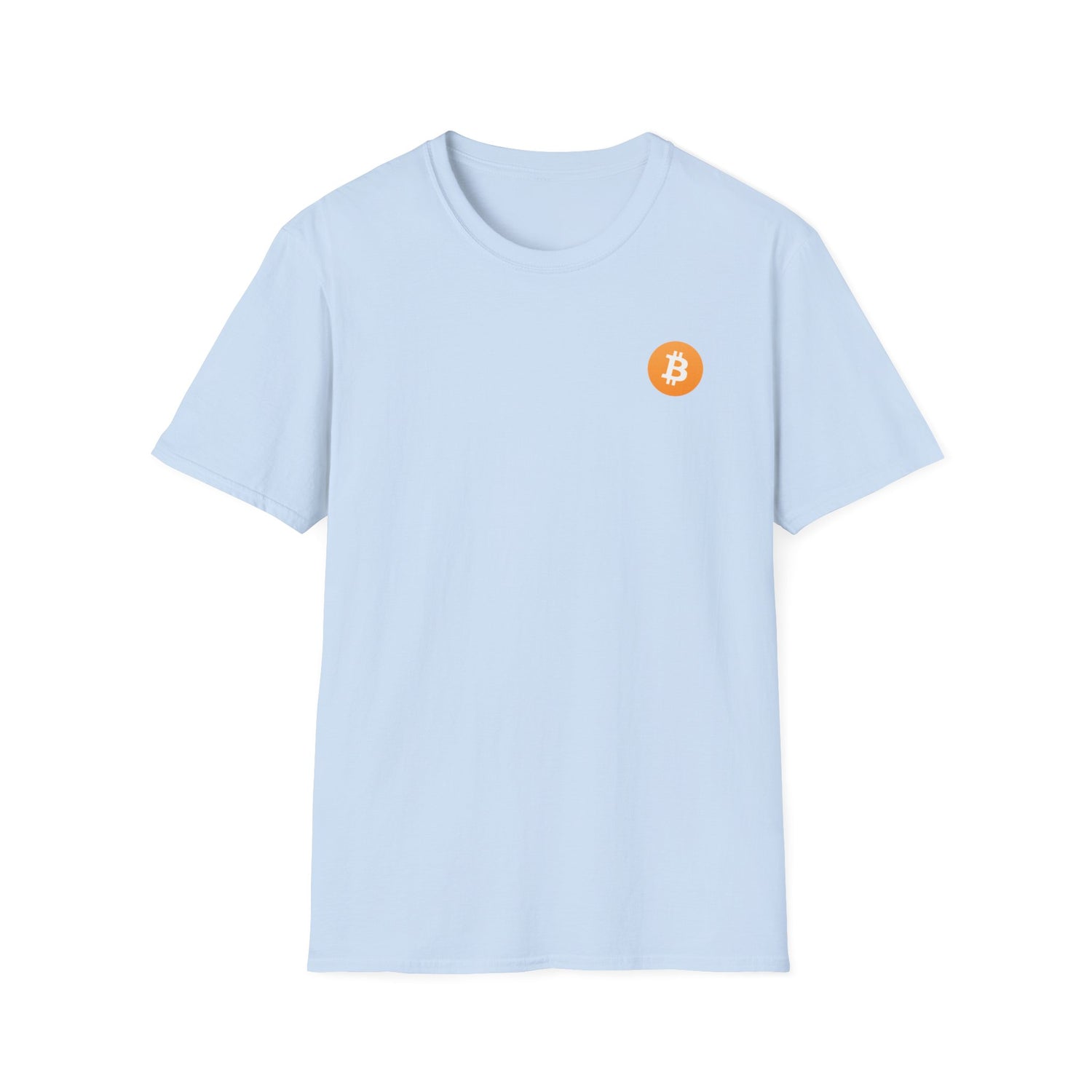A light blue round neck t-shirt with a small orange bitcoin logo on the left chest