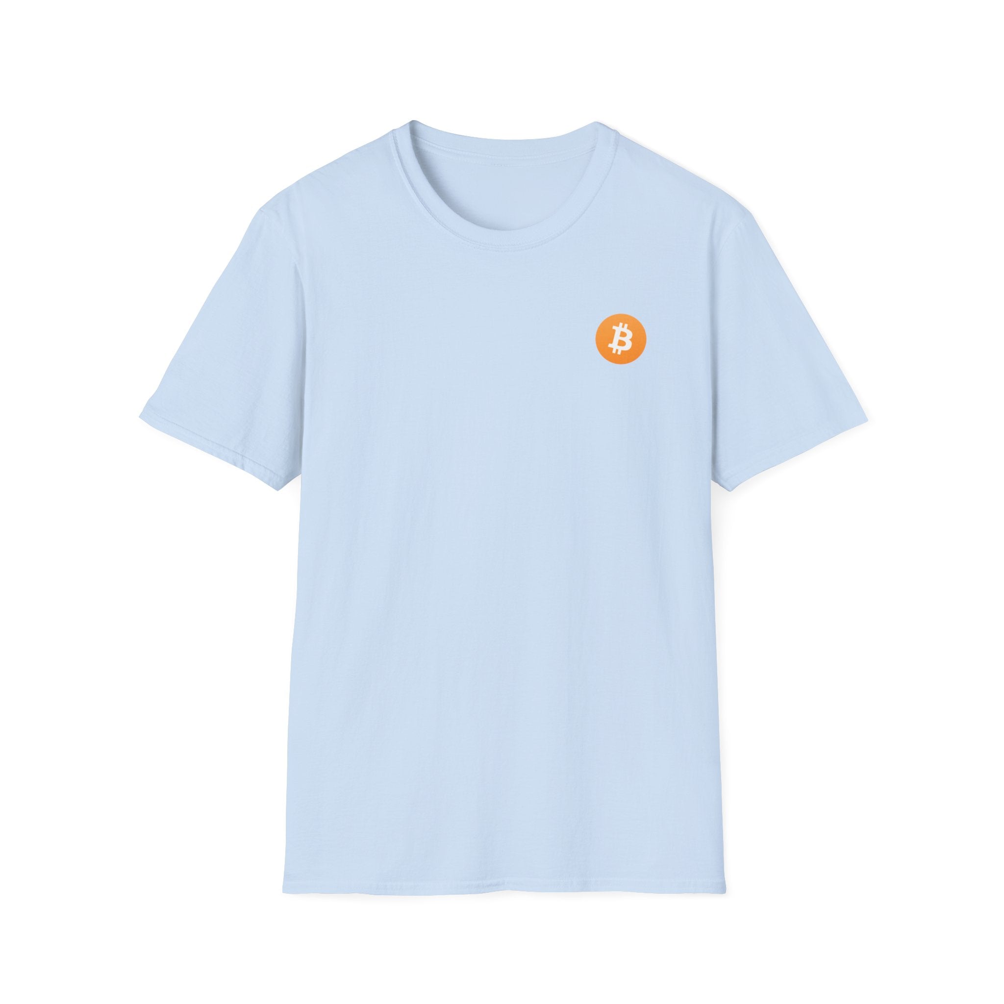 A light blue round neck t-shirt with a small orange bitcoin logo on the left chest