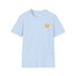 A light blue round neck t-shirt with a small orange bitcoin logo on the left chest