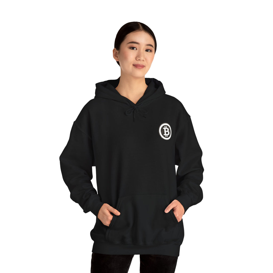 Black hoodie with kangaroo puch with with large white bitcoin logo in white on back and small on front left