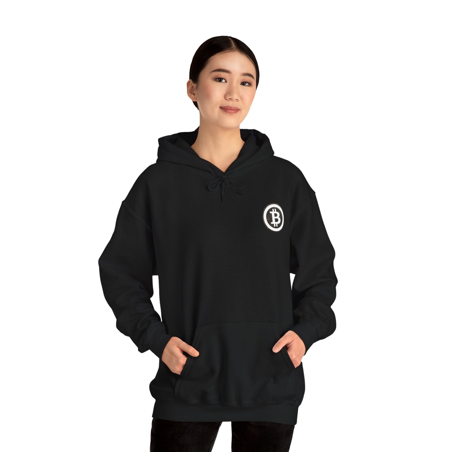 Black hoodie with kangaroo puch with with large white bitcoin logo in white on back and small on front left
