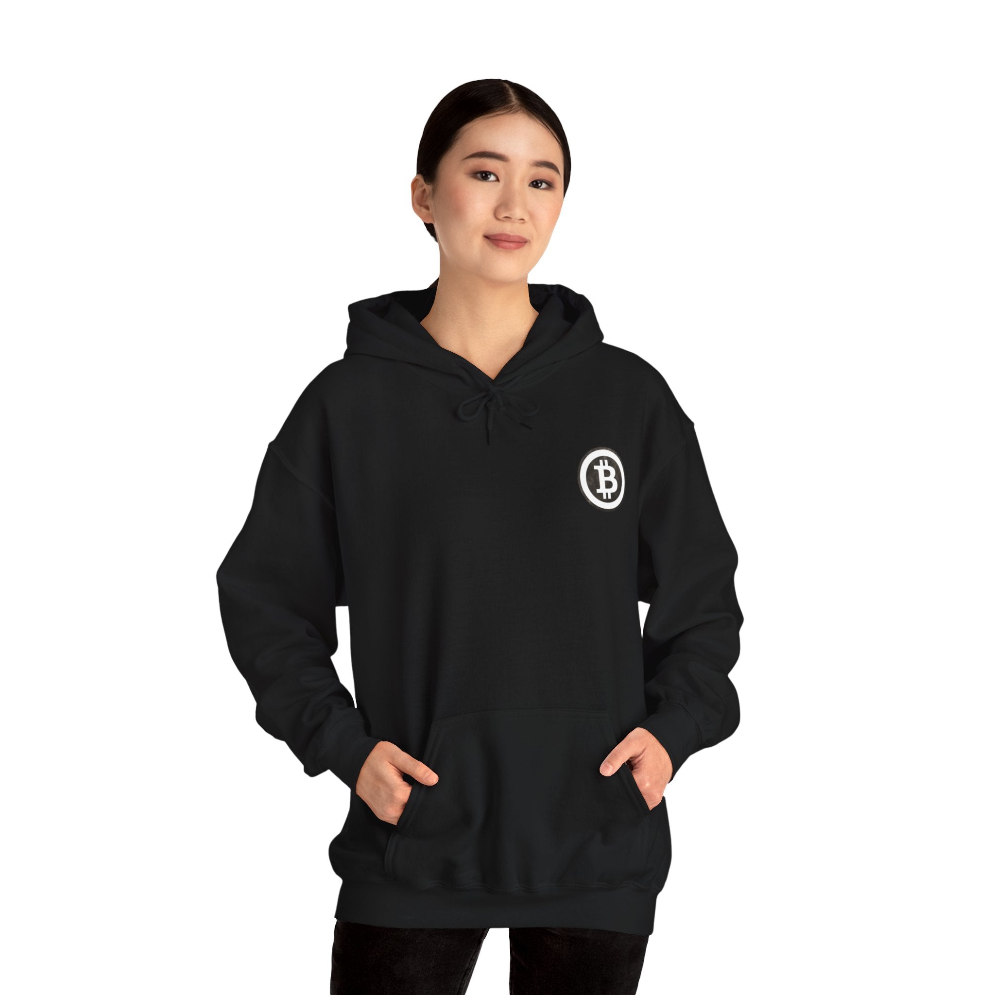 Black hoodie with kangaroo puch with with large white bitcoin logo in white on back and small on front left