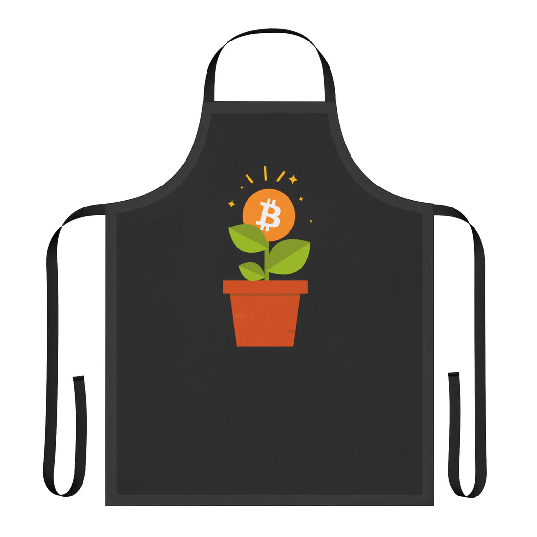 A black apron featuring a bitcoin plant design.
