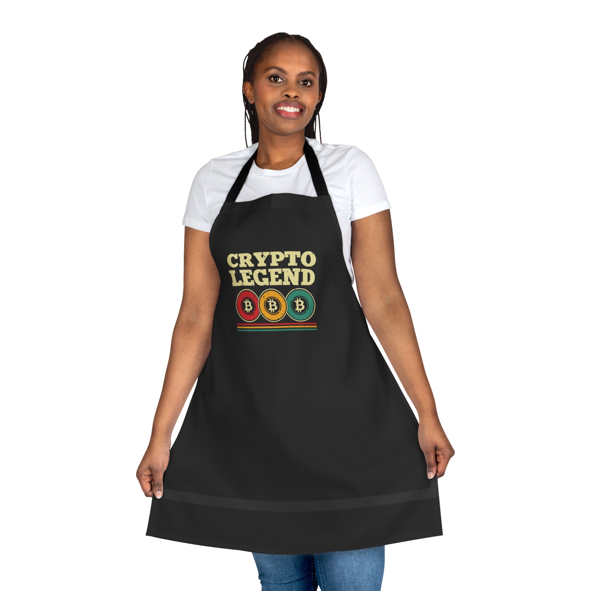 Black apron with Crypto Legend and Bitcoin symbol, ideal for crypto and cooking enthsiasts.