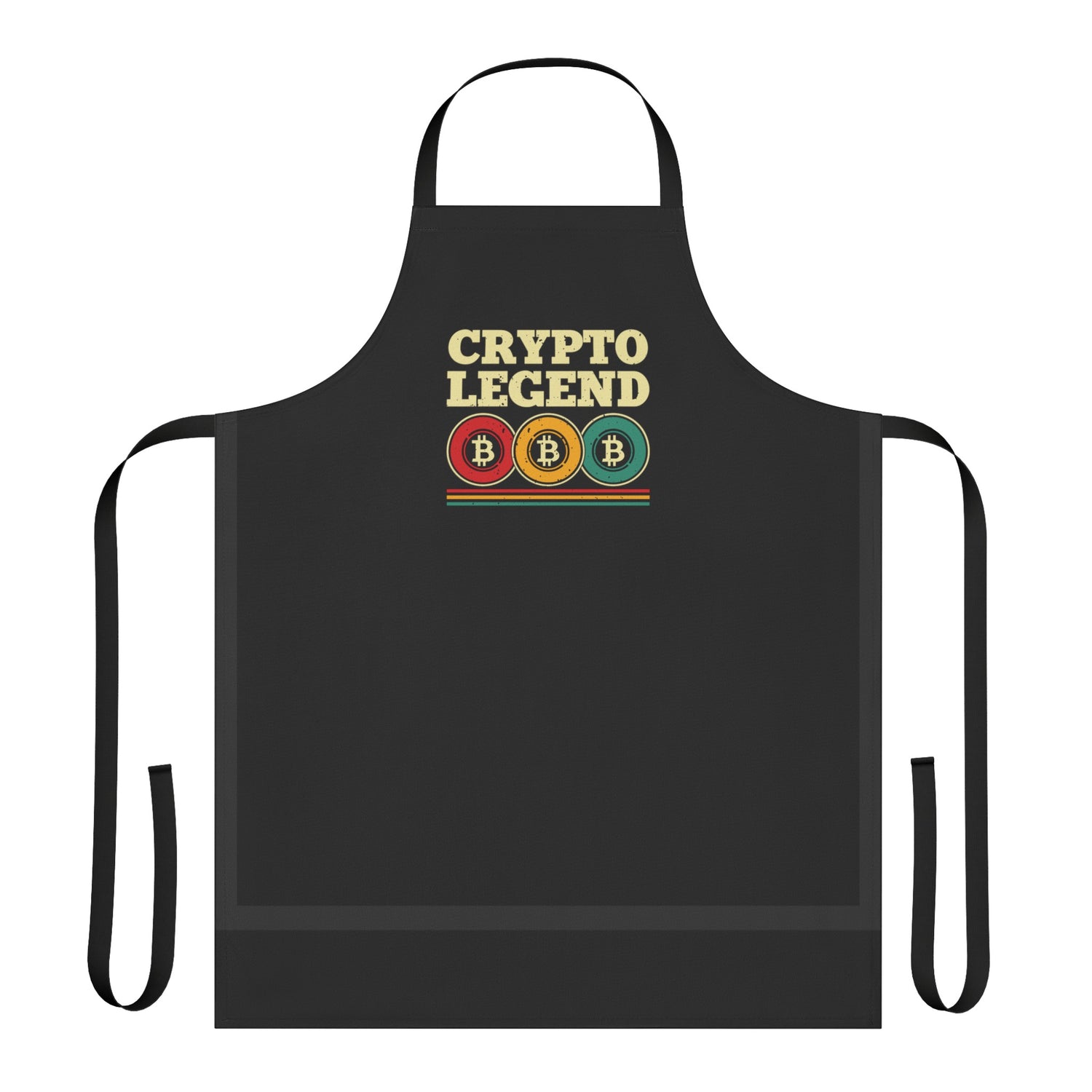 Black apron with Crypto Legend and Bitcoin symbol, ideal for crypto and cooking enthsiasts.