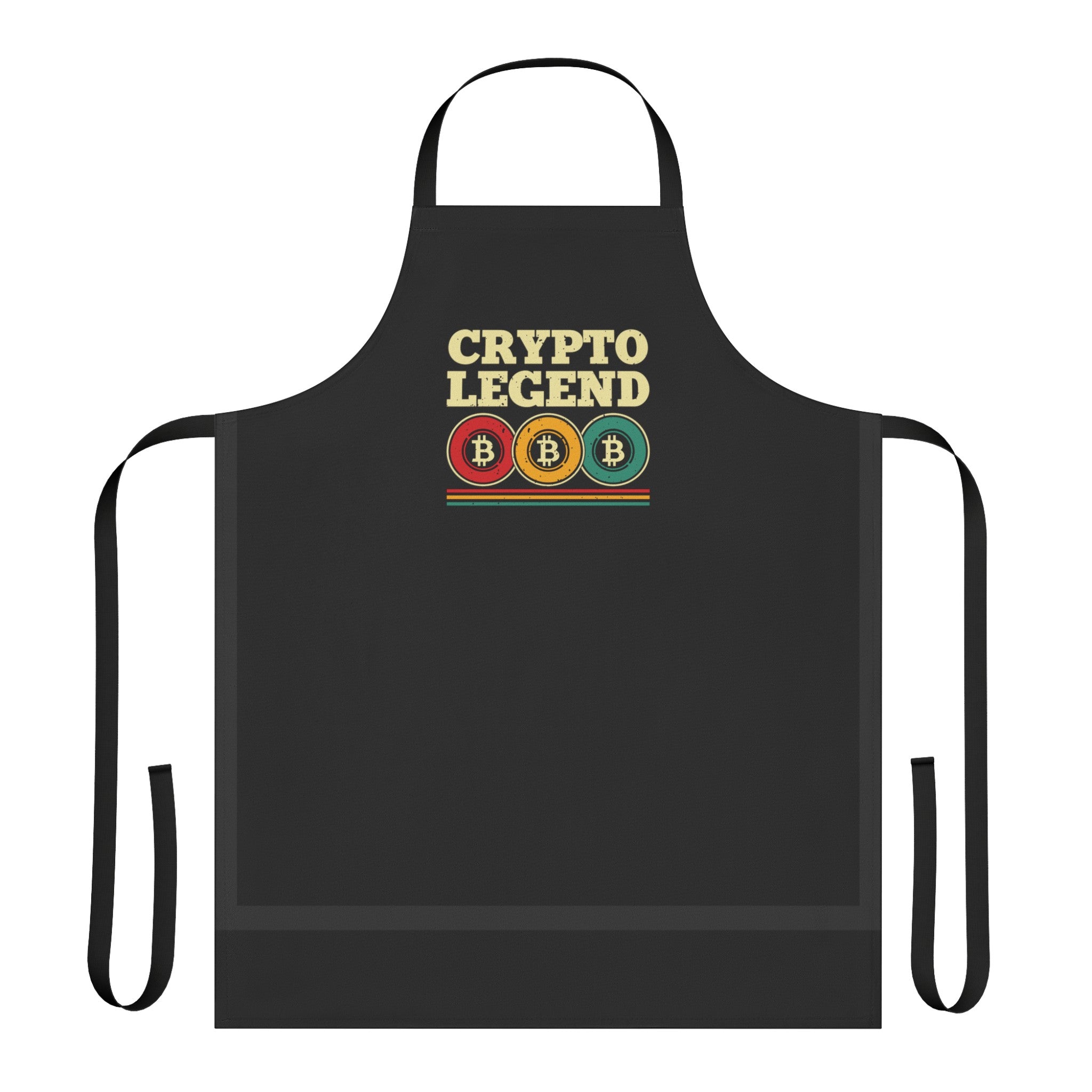 Black apron with Crypto Legend and Bitcoin symbol, ideal for crypto and cooking enthsiasts.