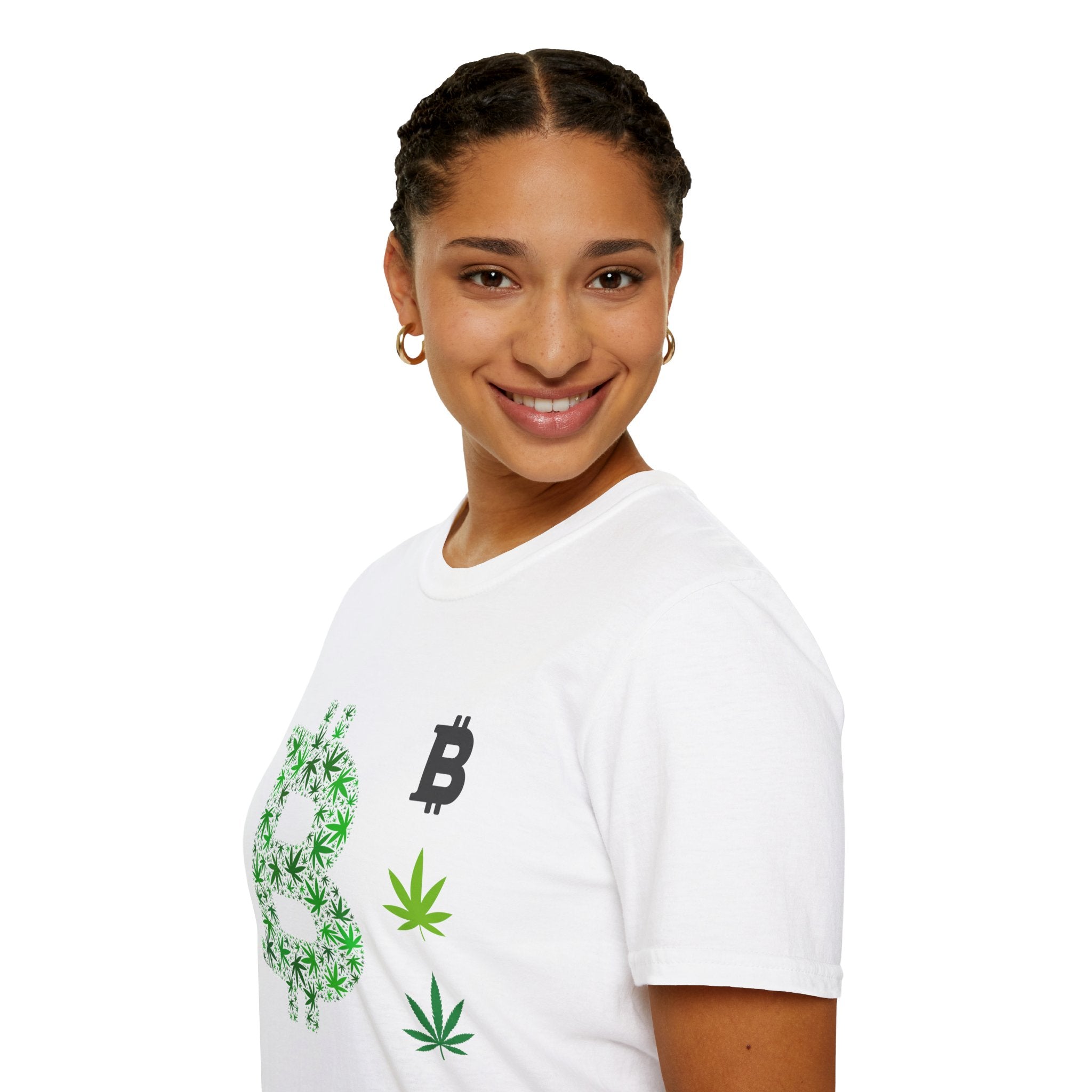 A white t-shirt featuring a green cannabis leaf design intertwined with the letter &