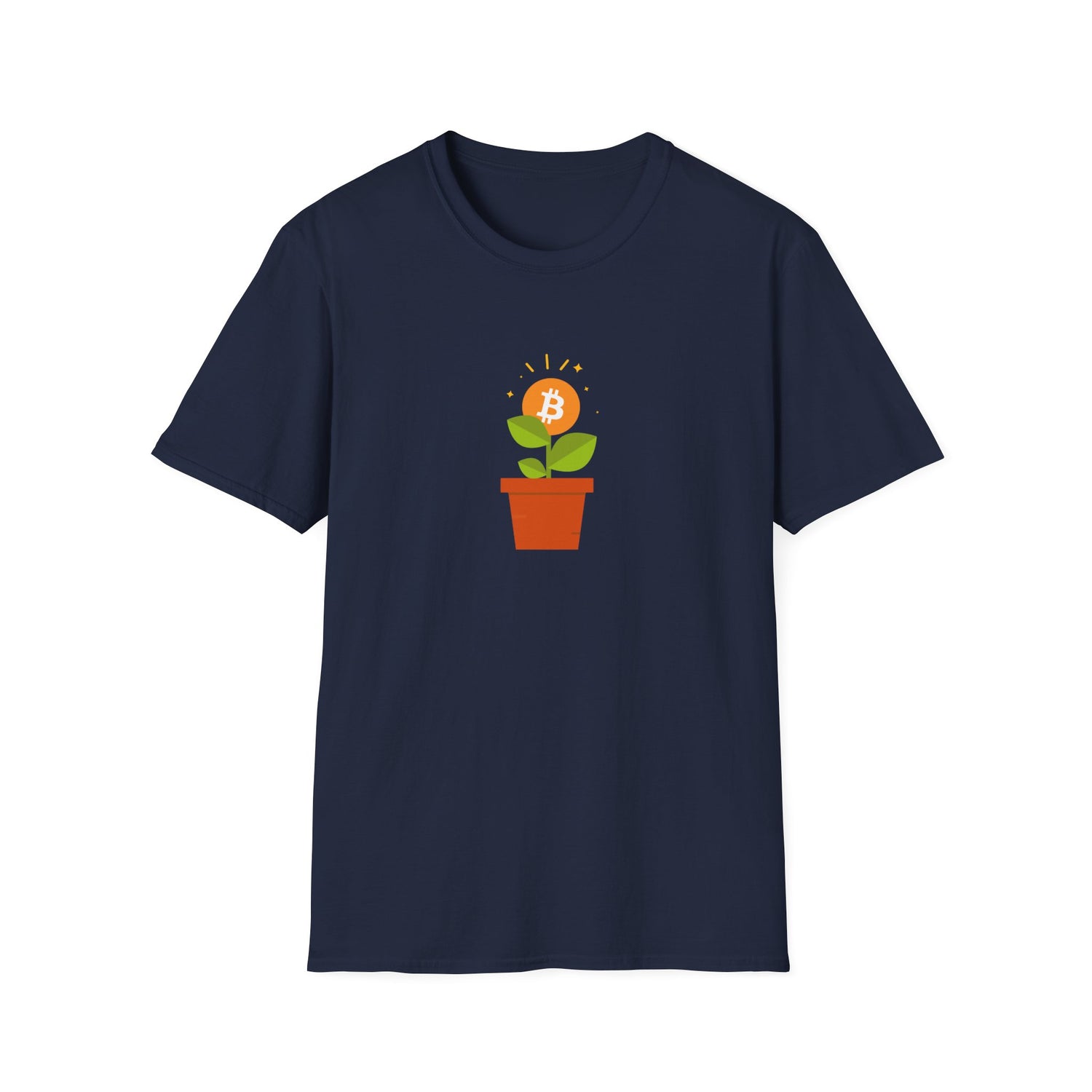 Dark blue tshirt with flower pot growing orange bitcoin logo, with green leaves