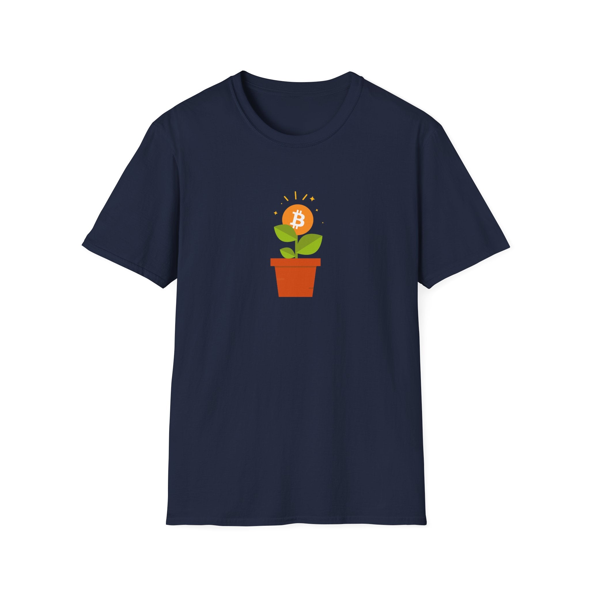 Dark blue tshirt with flower pot growing orange bitcoin logo, with green leaves