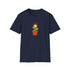Dark blue tshirt with flower pot growing orange bitcoin logo, with green leaves