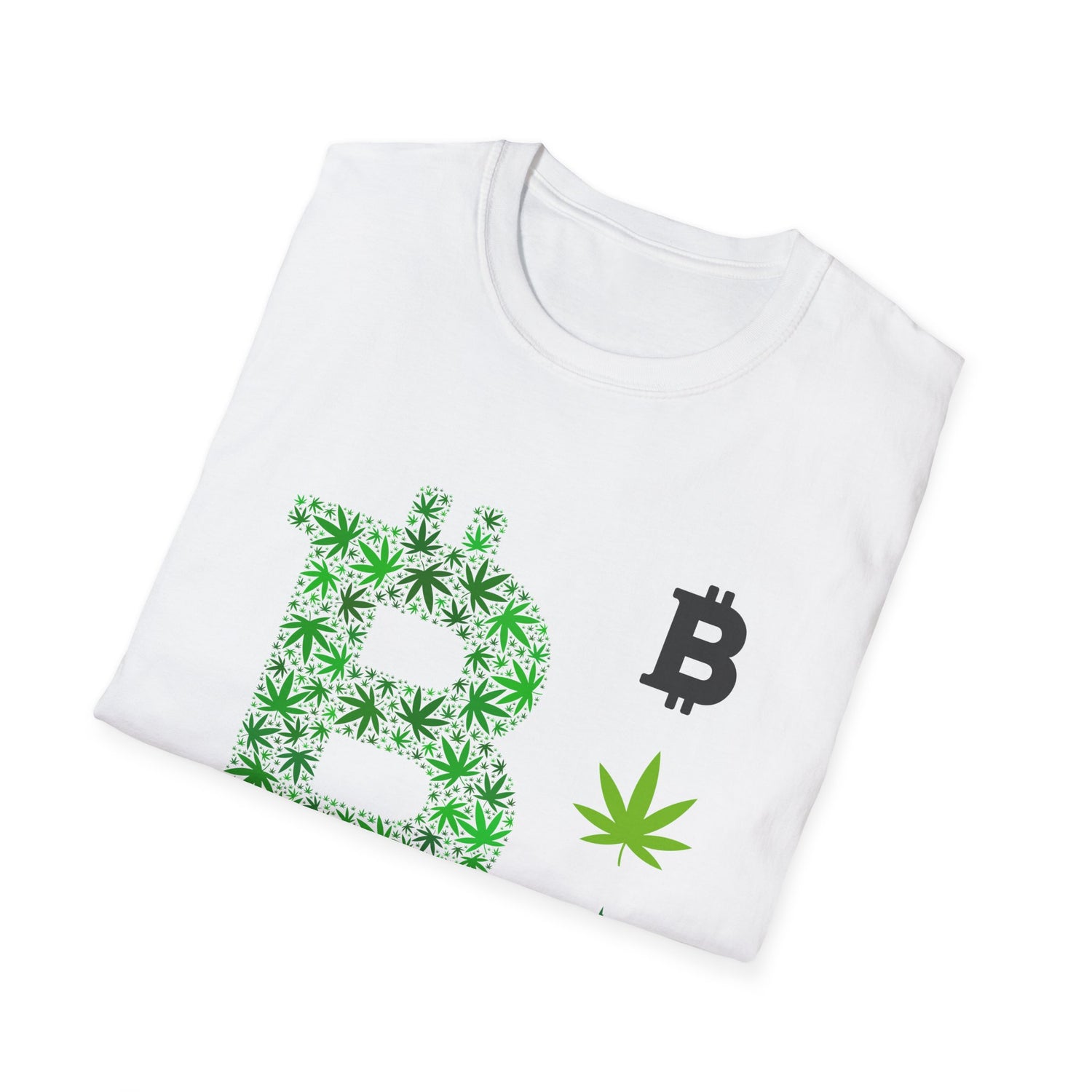 A white t-shirt featuring a green cannabis leaf design intertwined with the letter &