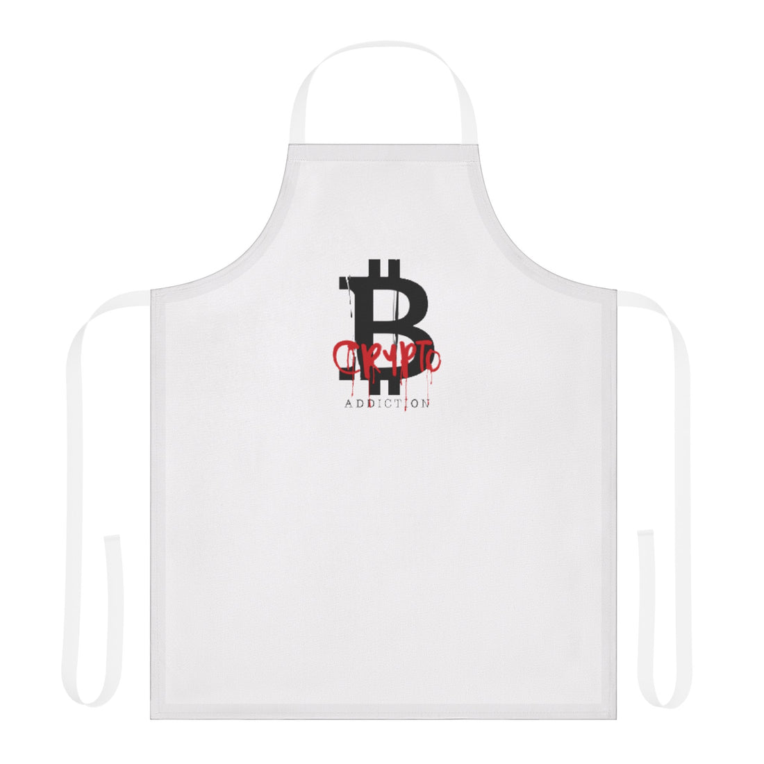 White apron with crypto addiction written. White apron with crypto addiction written. A large black B for bitcoin, crypto in red over the B, and addiction underneath. Gothic style.