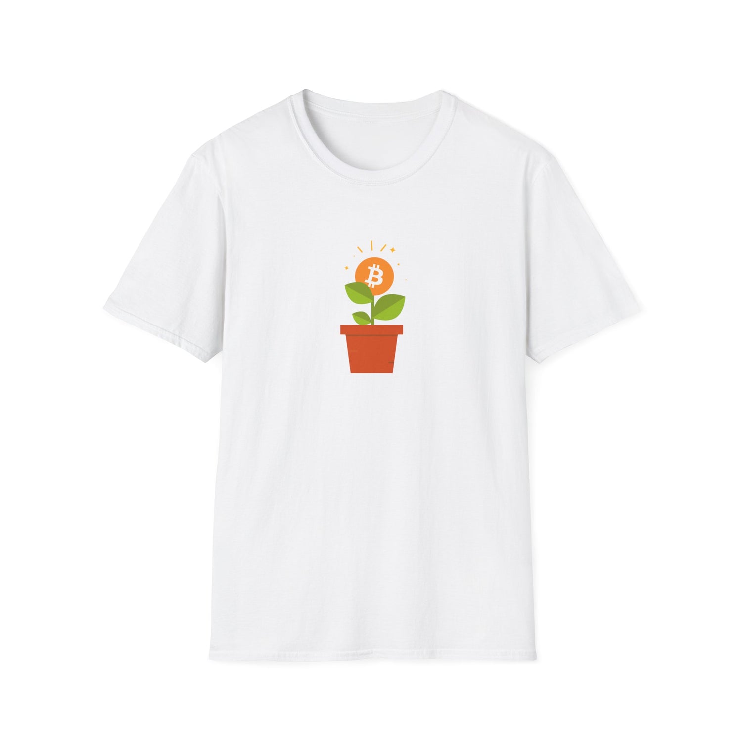 White tshirt with flower pot growing orange bitcoin logo, with green leaves