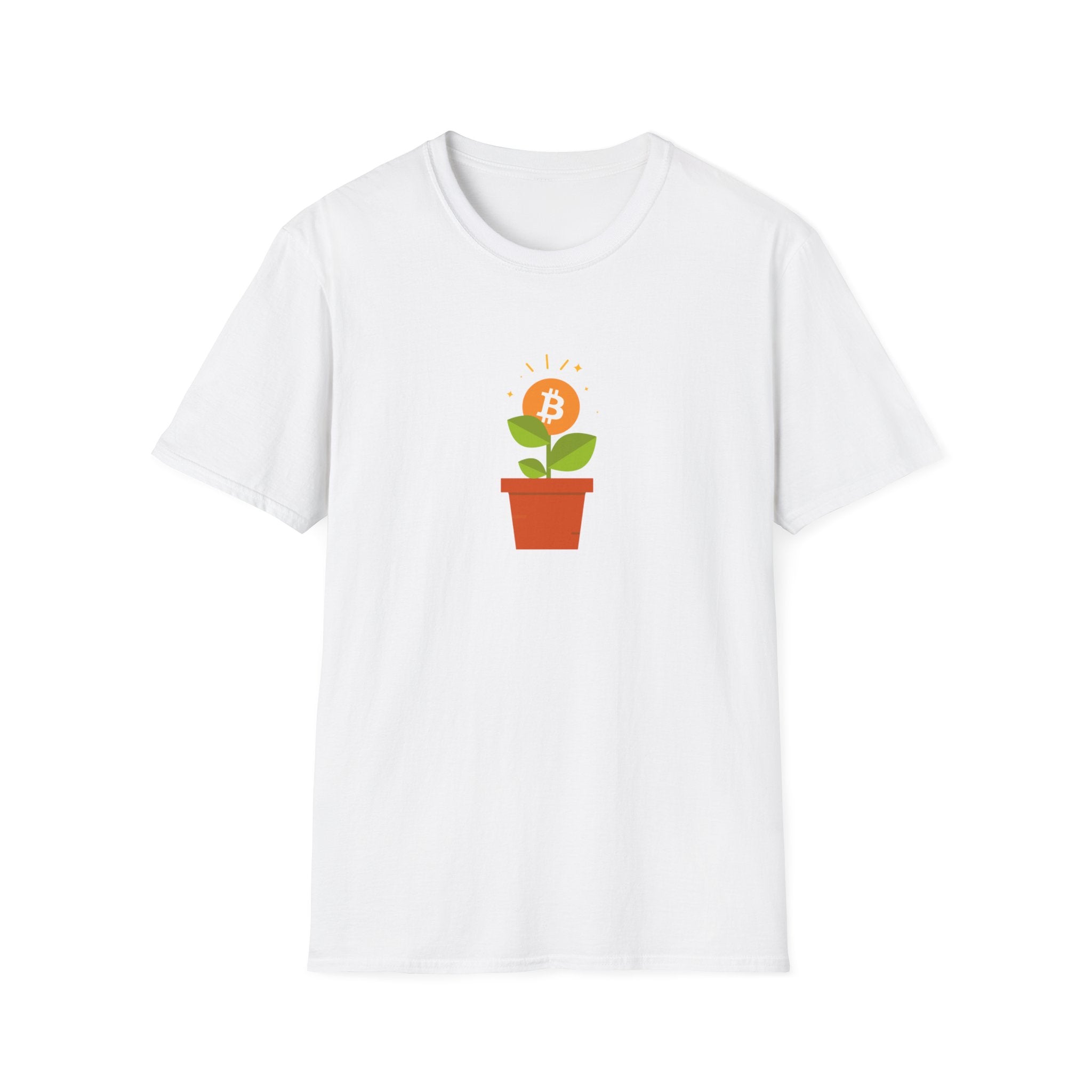 White tshirt with flower pot growing orange bitcoin logo, with green leaves