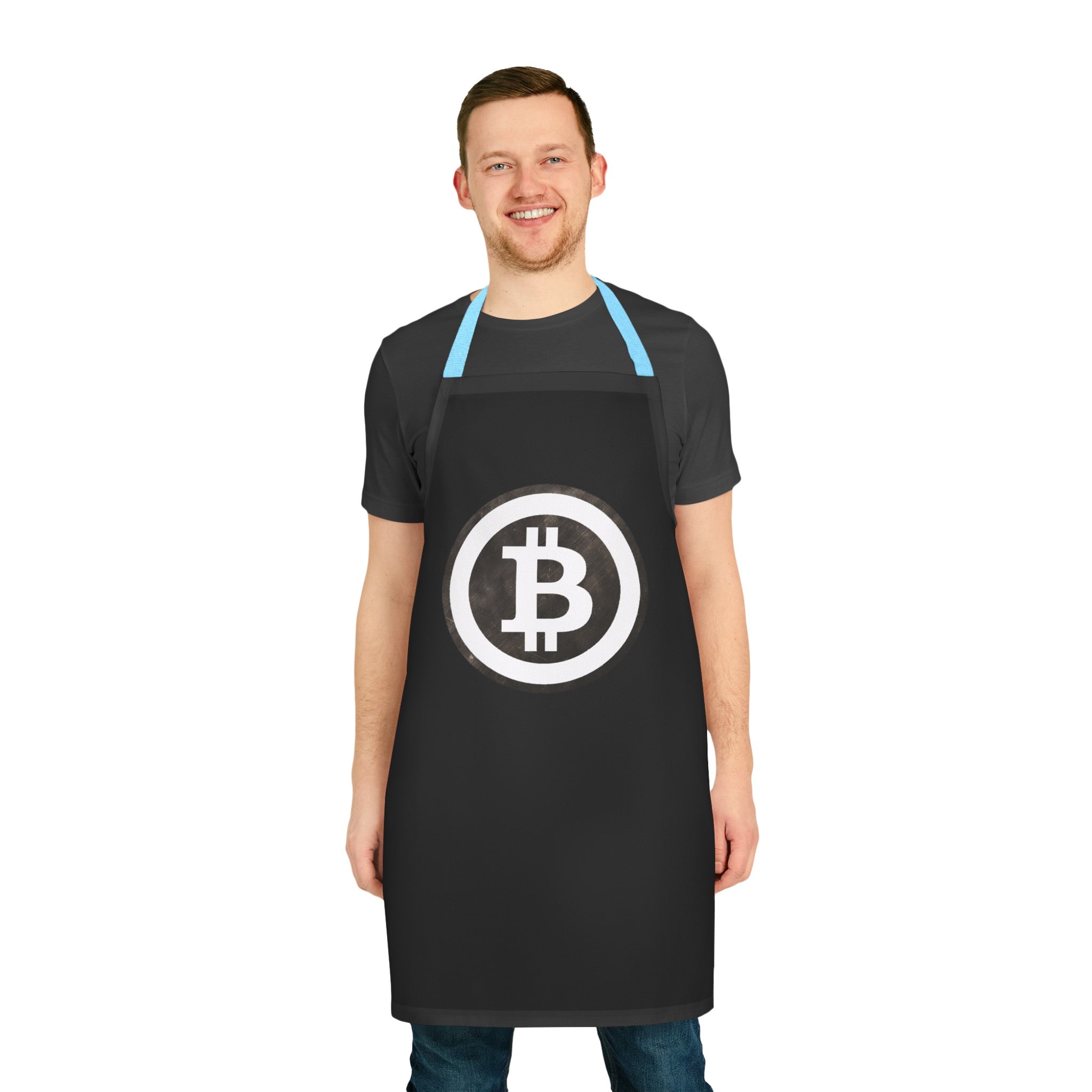 Bitcoin-themed black apron, great for cooking enthusiasts