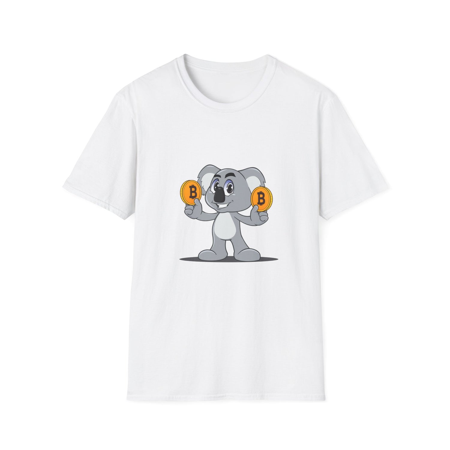 white t-shirt with a smiling koala holding a bitcoin coin in each hand