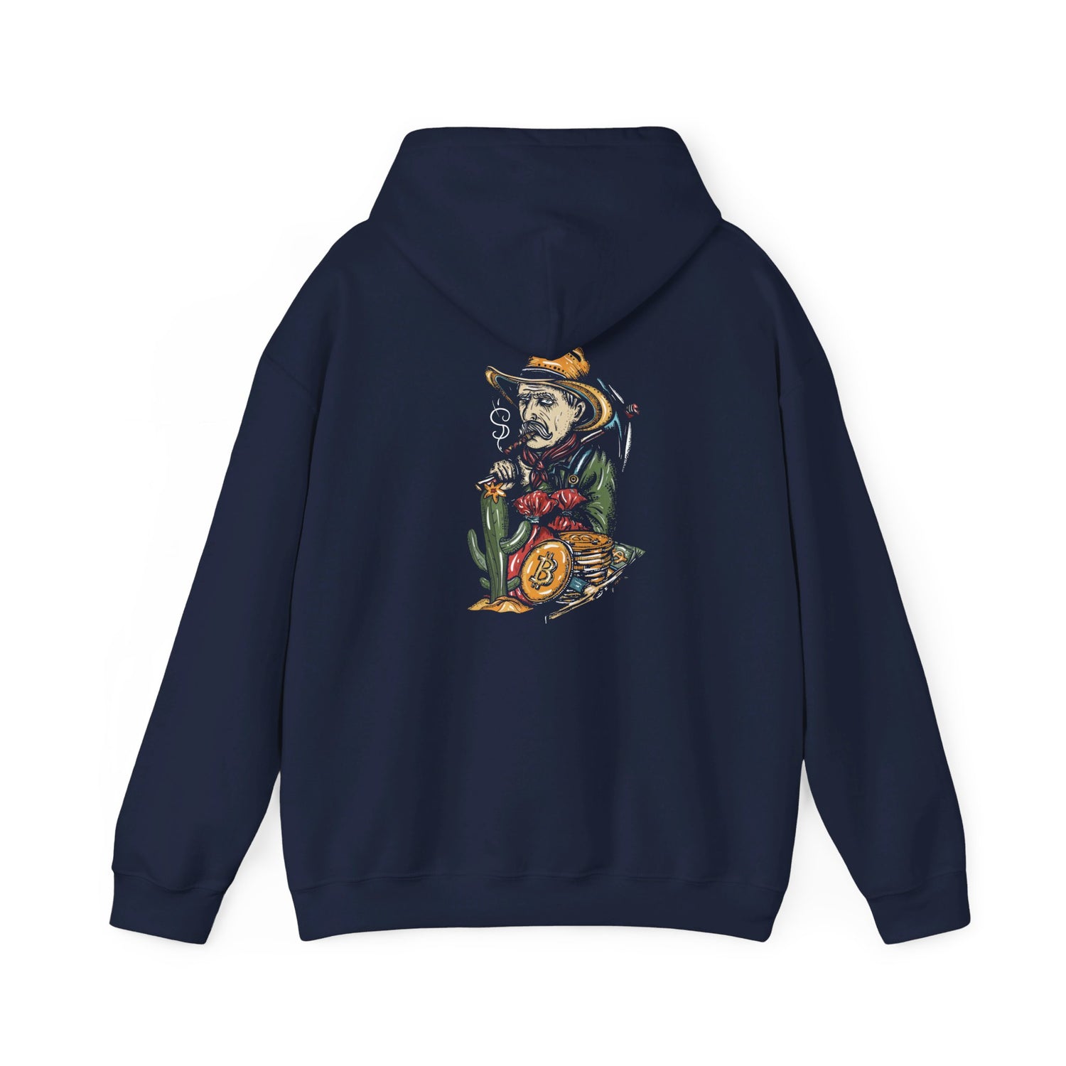 a navy blue hoodie with a graphic of a skeleton in a cowboy outfit smoking a cigar and holding a bag of money, with a stack of bitcoin coins on the back side of the hoodie.