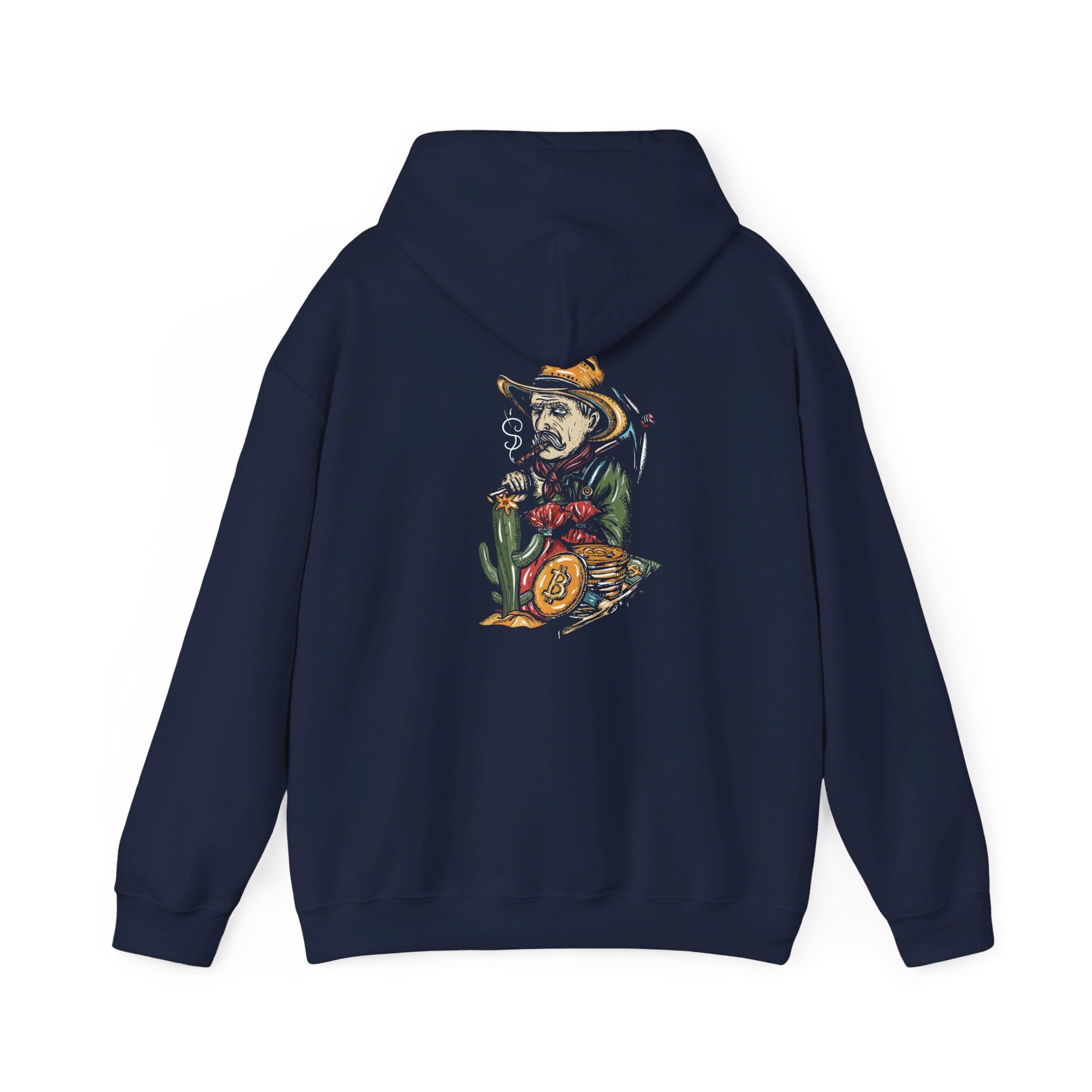 a navy blue hoodie with a graphic of a skeleton in a cowboy outfit smoking a cigar and holding a bag of money, with a stack of bitcoin coins on the back side of the hoodie.