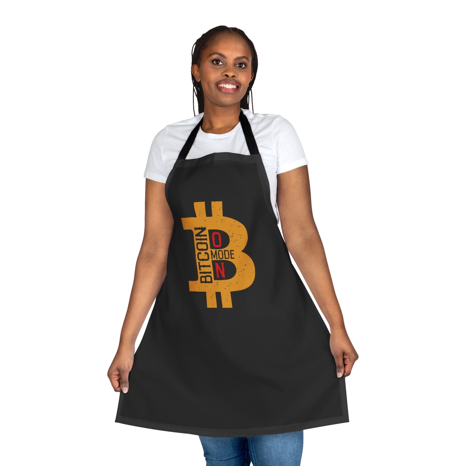 A woman wearing a black apron with Bitcoin Mode On logo: A bold, eye-catching image representing the concept of Bitcoin Mode being activated.