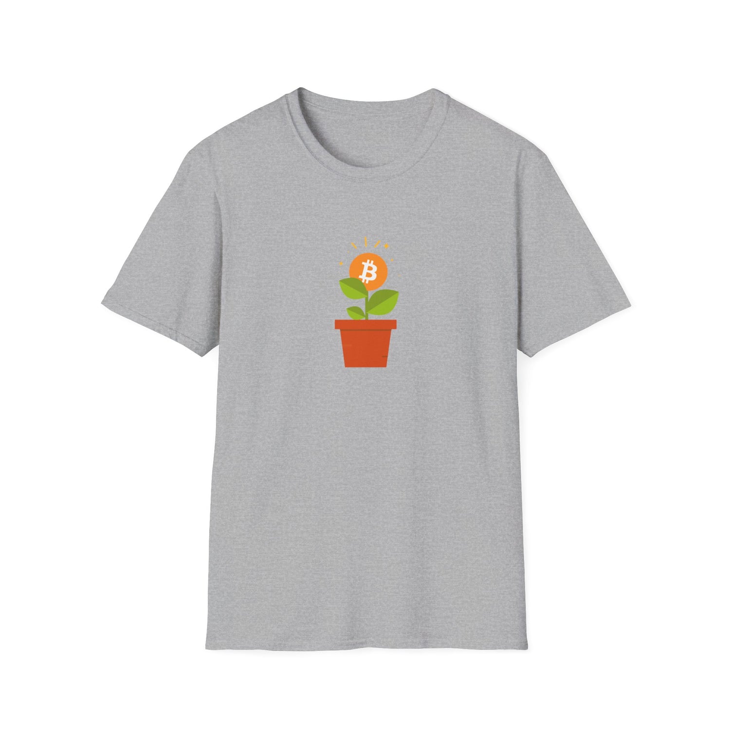 Grey tshirt with flower pot growing orange bitcoin logo, with green leaves