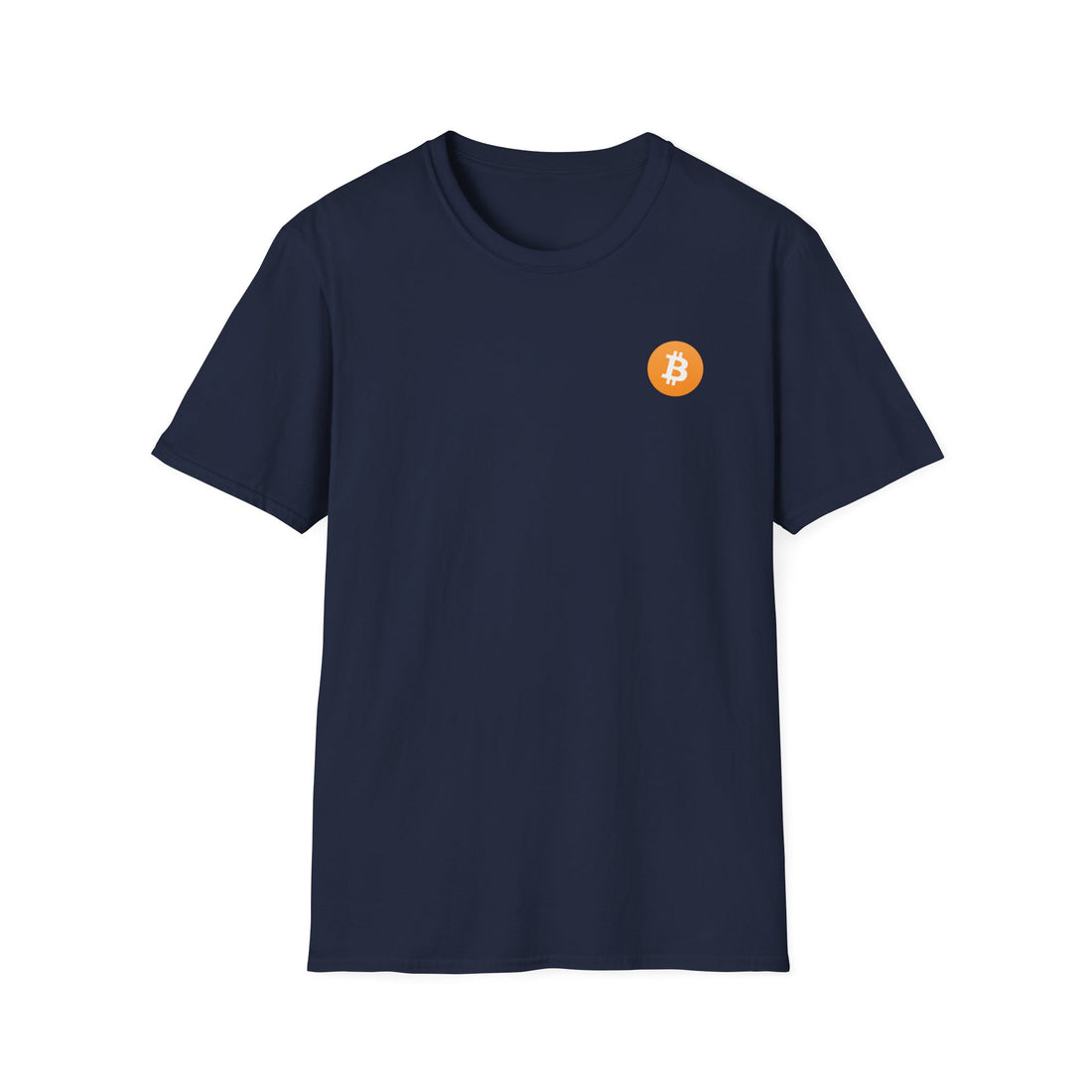 A navy blue round neck t-shirt with a small orange bitcoin logo on the left chest