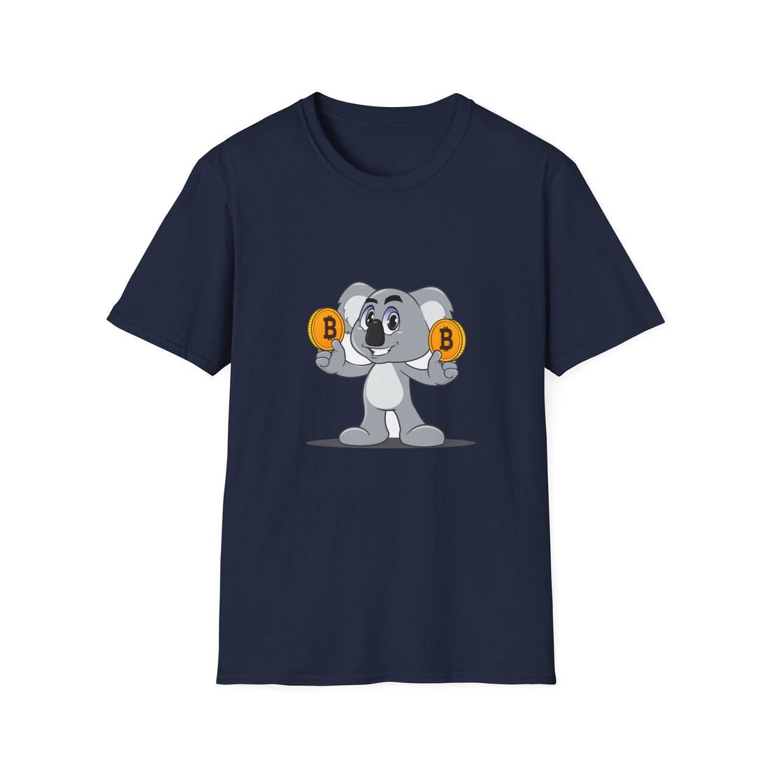 navy blue t-shirt with a smiling koala holding a bitcoin coin in each hand
