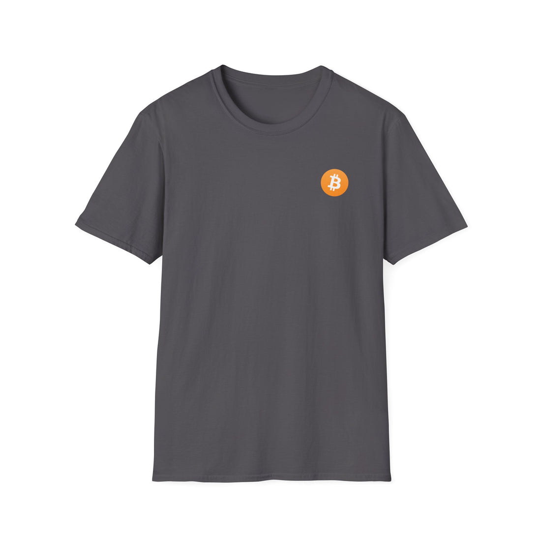 A dark grey round neck t-shirt with a small orange bitcoin logo on the left chest