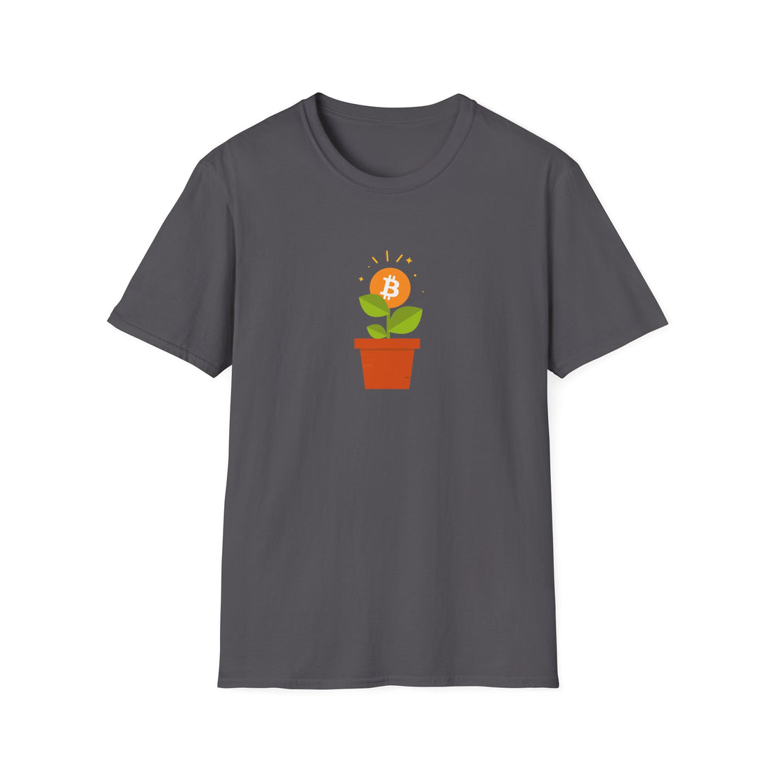 Dark grey tshirt with flower pot growing orange bitcoin logo, with green leaves