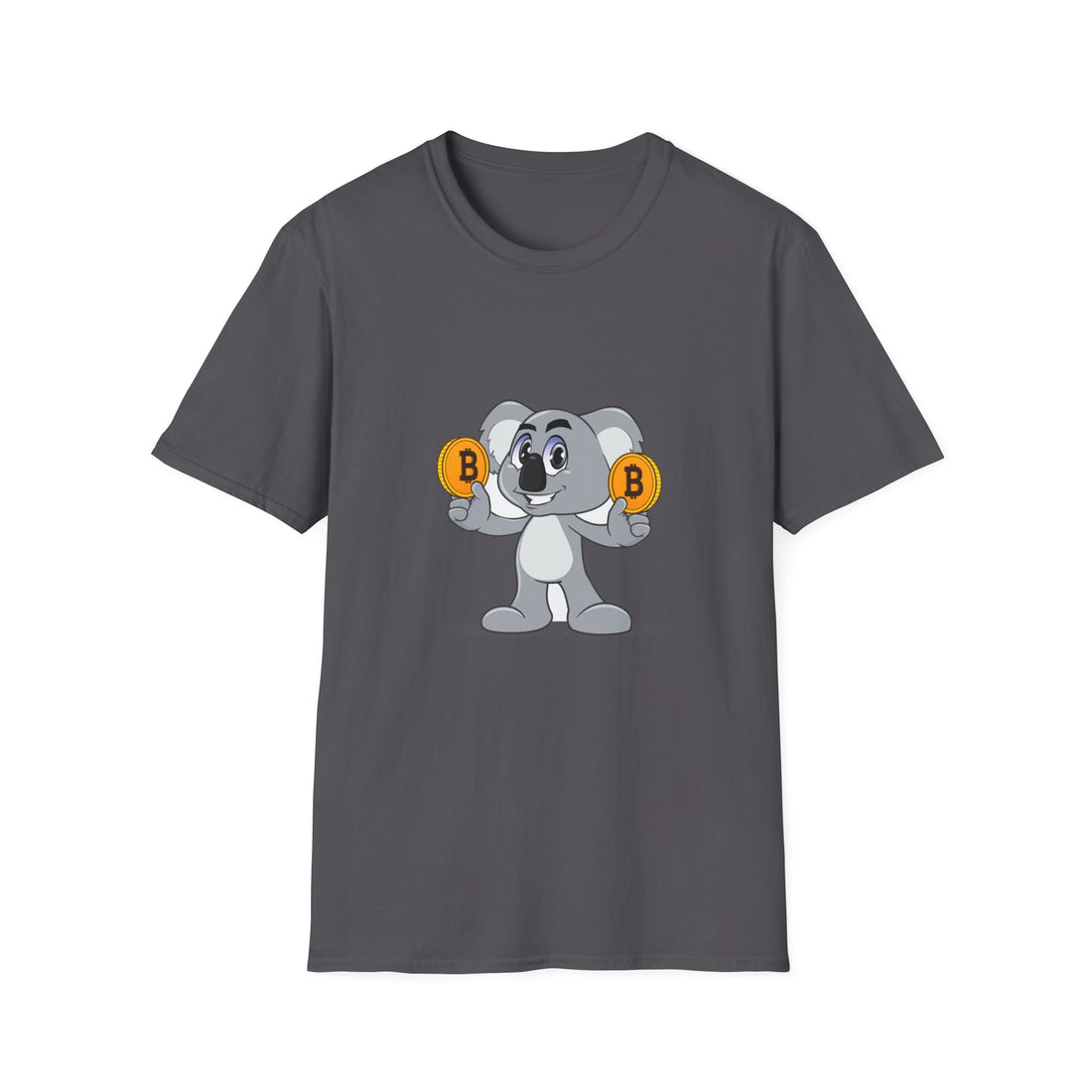 dark grey t-shirt with a smiling koala holding a bitcoin coin in each hand
