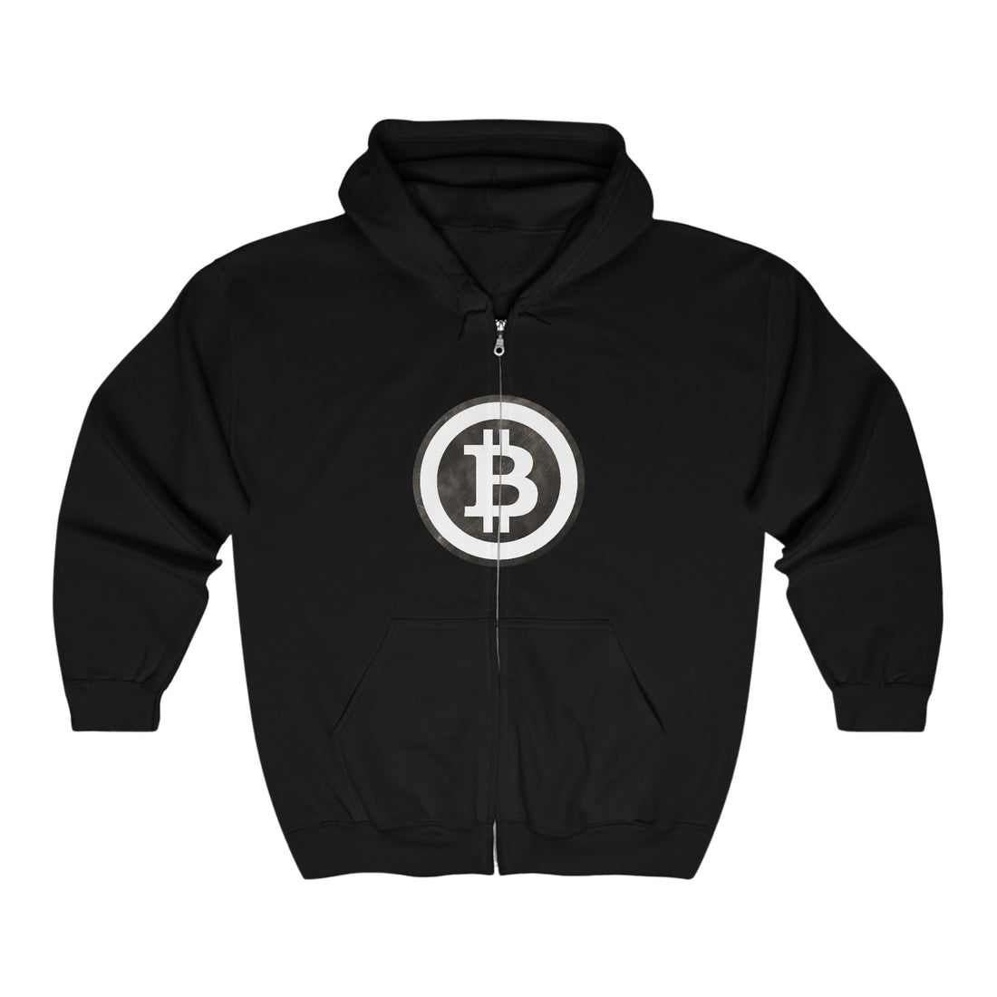 A black zip-up hoodie with a B symbol for Bitcoin in white with a white circle around it