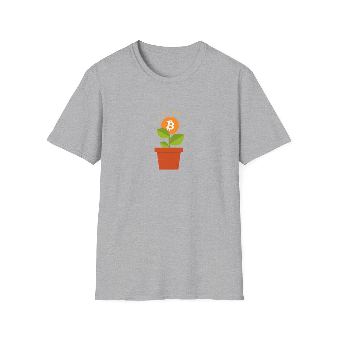 Grey tshirt with flower pot growing orange bitcoin logo, with green leaves